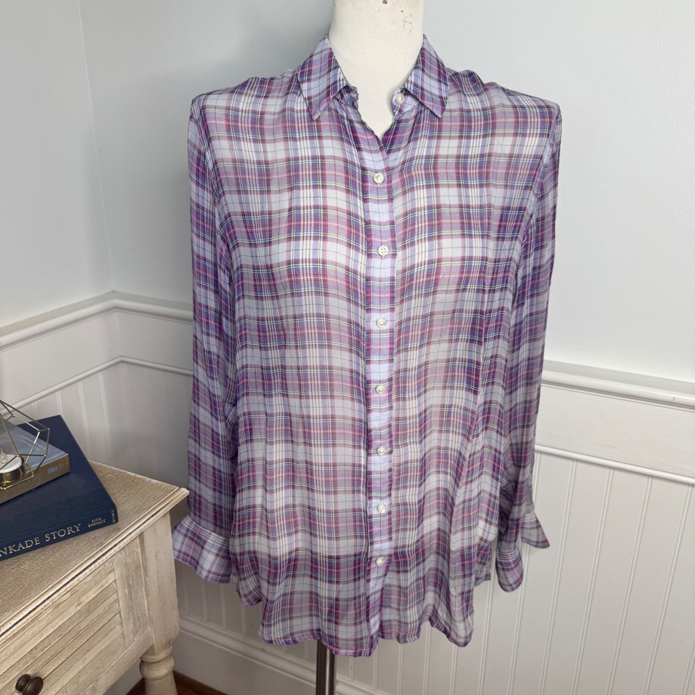 J.McLaughlin Bianca Purple Plaid Button Down Shirt Sheer Silk Size M Long Sleeve
